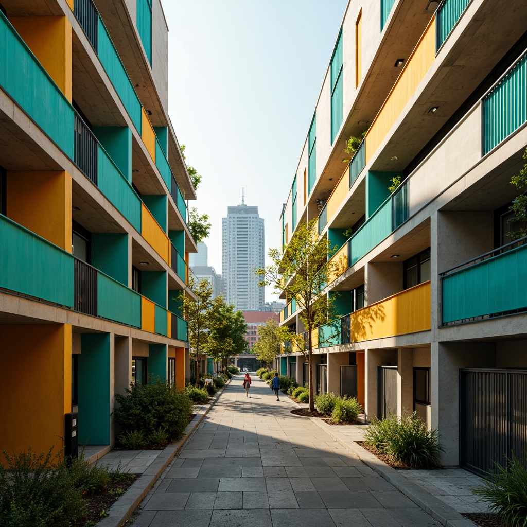 Prompt: Vibrant social housing complex, warm earthy tones, rich turquoise accents, bold yellow highlights, soft creamy whites, industrial metal frames, exposed concrete walls, modern minimalist architecture, urban cityscape backdrop, bustling community atmosphere, natural light pouring in, shallow depth of field, 1/1 composition, cinematic color grading, realistic textures, ambient occlusion.