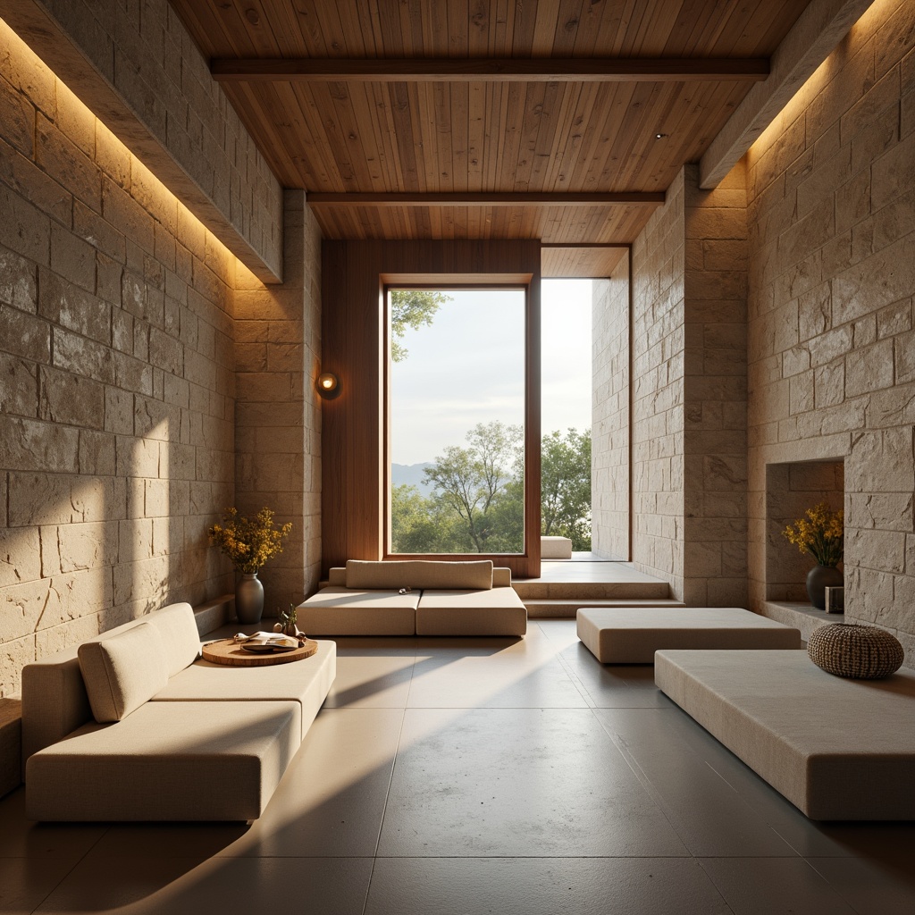 Prompt: Minimalist monastery interior, serene atmosphere, natural stone walls, wooden accents, sleek modern furniture, streamlined decor, calming color palette, soft warm lighting, subtle textures, ambient occlusion, 3/4 composition, shallow depth of field, panoramic view, realistic renderings, peaceful ambiance, quiet contemplation areas, cozy reading nooks, simple yet elegant design elements, subtle spiritual symbols, natural material integration.