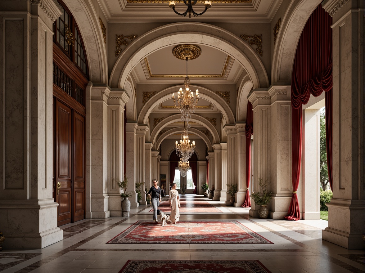 Prompt: Elegant classical buildings, ornate stone carvings, grandiose columns, intricately designed arches, marble floors, polished wooden doors, bronze hardware, crystal chandeliers, luxurious velvet drapes, richly patterned rugs, subtle warm lighting, shallow depth of field, 1/1 composition, symmetrical view, realistic textures, ambient occlusion.