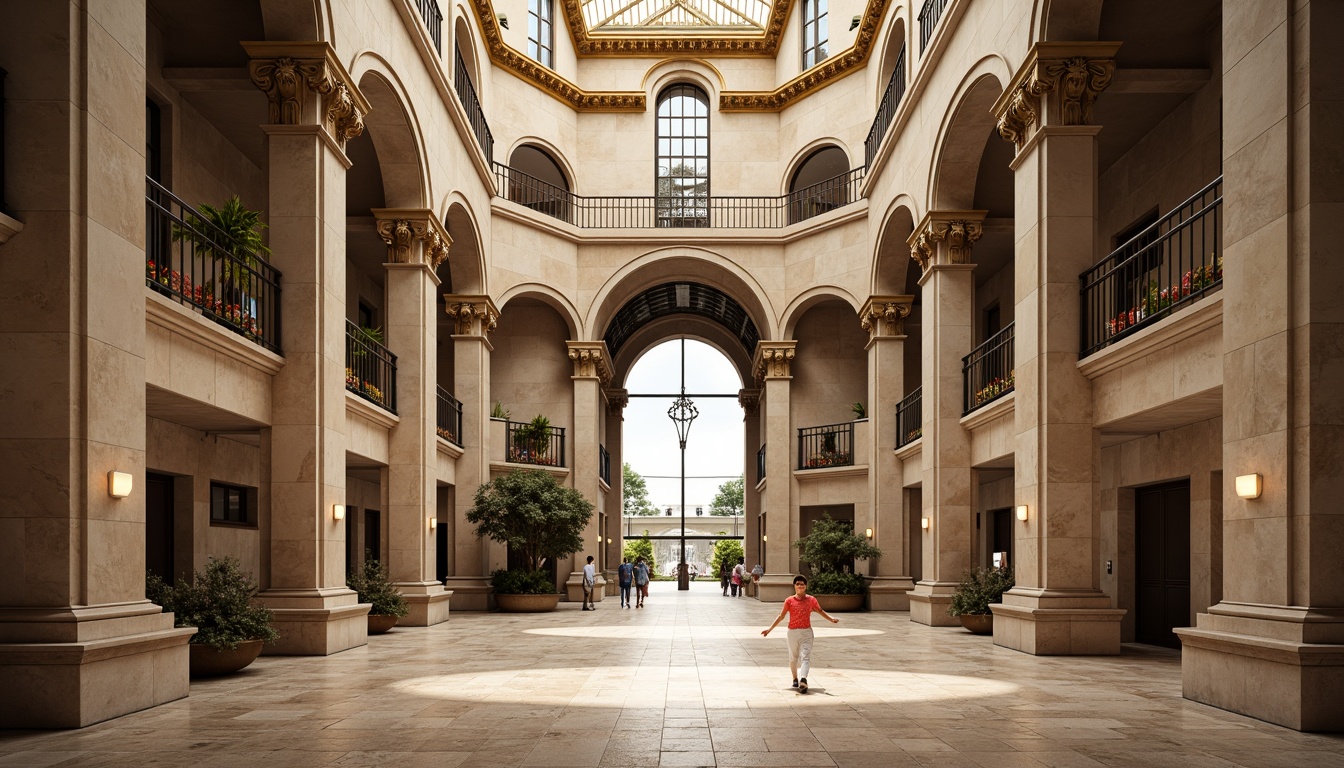 Prompt: Grandiose stadium facade, classical columns, ornate arches, majestic entrance gates, symmetrical composition, limestone walls, marble accents, golden details, regal balconies, sweeping staircases, grand atrium, high ceilings, natural stone flooring, elegant chandeliers, soft warm lighting, shallow depth of field, 1/1 composition, panoramic view, realistic textures, ambient occlusion.