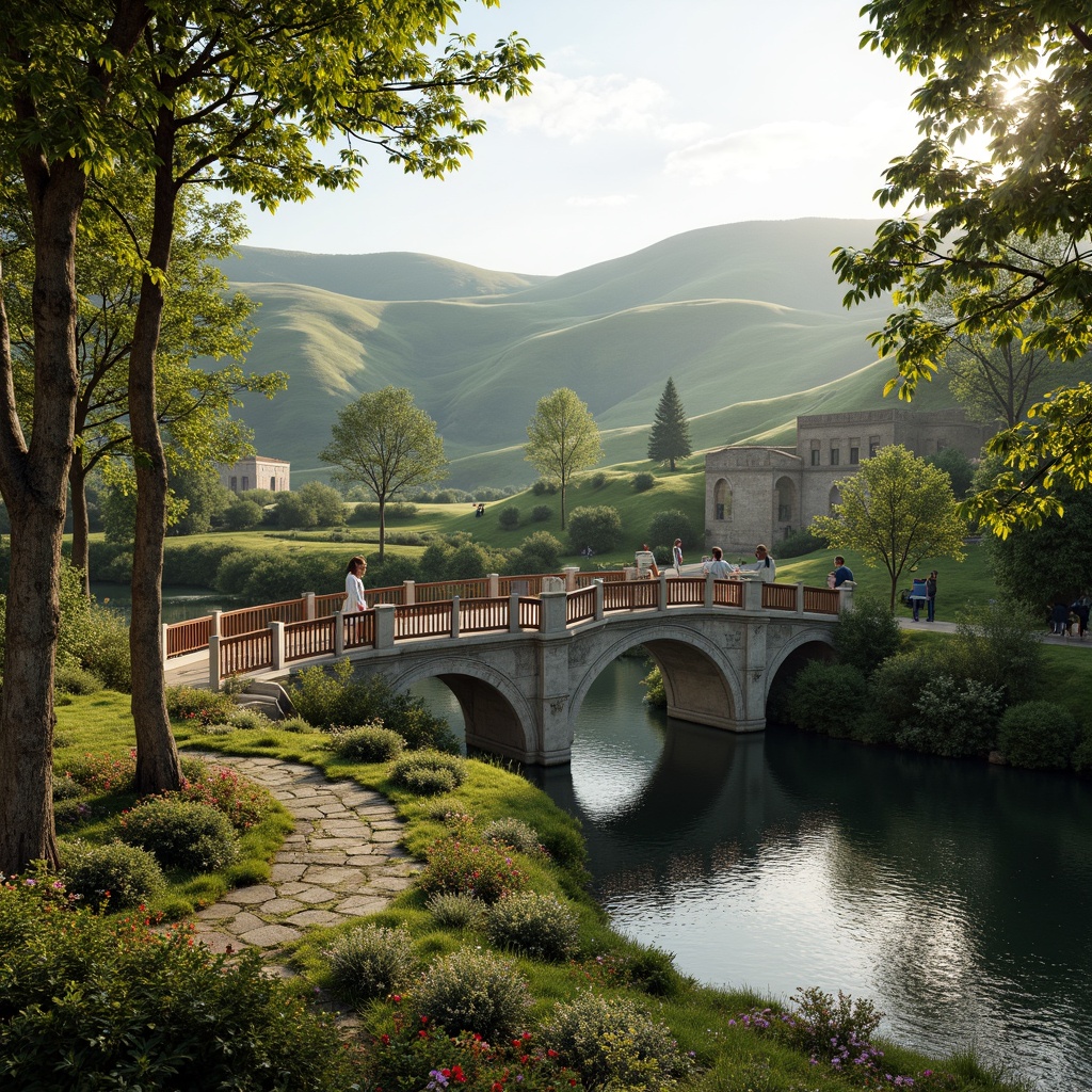 Prompt: Rolling hills, serene lakeside, lush greenery, majestic Baroque-style bridges, ornate stone carvings, grand arches, sweeping curves, rustic wooden railings, meandering waterways, tranquil atmosphere, warm golden lighting, soft misty effects, 1/1 composition, symmetrical framing, realistic textures, ambient occlusion, vibrant floral arrangements, natural stone pathways, moss-covered banks, gentle water ripples, peaceful ambiance.