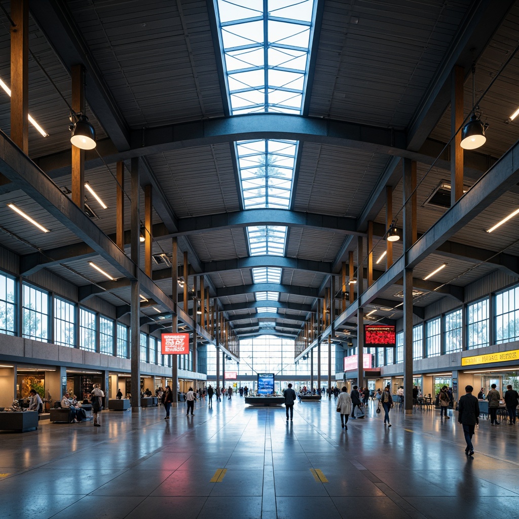 Prompt: Airport terminal, constructivist architecture, exposed steel beams, industrial chic, polished concrete floors, minimalist decor, modern LED lighting, suspended ceiling fixtures, linear fluorescent lights, warm ambient glow, softbox diffusers, high-ceiling atriums, natural daylight, clerestory windows, solar tubes, energy-efficient systems, futuristic ambiance, dynamic color changing effects, 3D modeling, realistic textures, shallow depth of field, panoramic view.