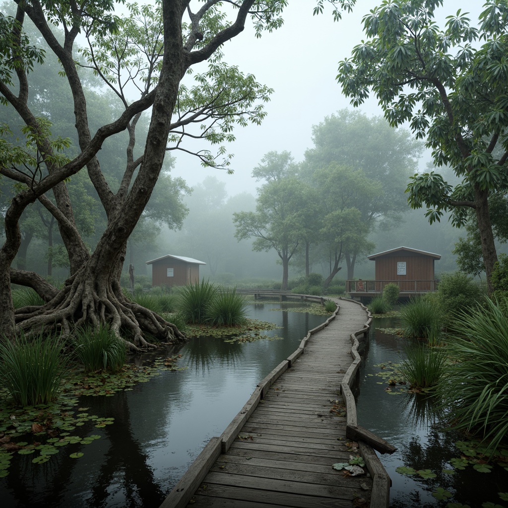 Prompt: Misty wetlands, lush vegetation, twisted mangrove roots, murky waters, wooden boardwalks, observation decks, native aquatic plants, water lilies, cattails, birdwatching stations, nature trails, rustic signage, weathered wood textures, soft diffused lighting, shallow depth of field, 1/1 composition, serene atmosphere, realistic water effects, ambient occlusion.