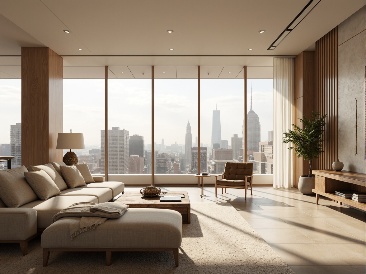 Prompt: Luxurious penthouse, modern minimalist decor, neutral color scheme, creamy whites, rich woods, metallic accents, floor-to-ceiling windows, breathtaking city views, soft warm lighting, 1/1 composition, shallow depth of field, realistic textures, ambient occlusion.