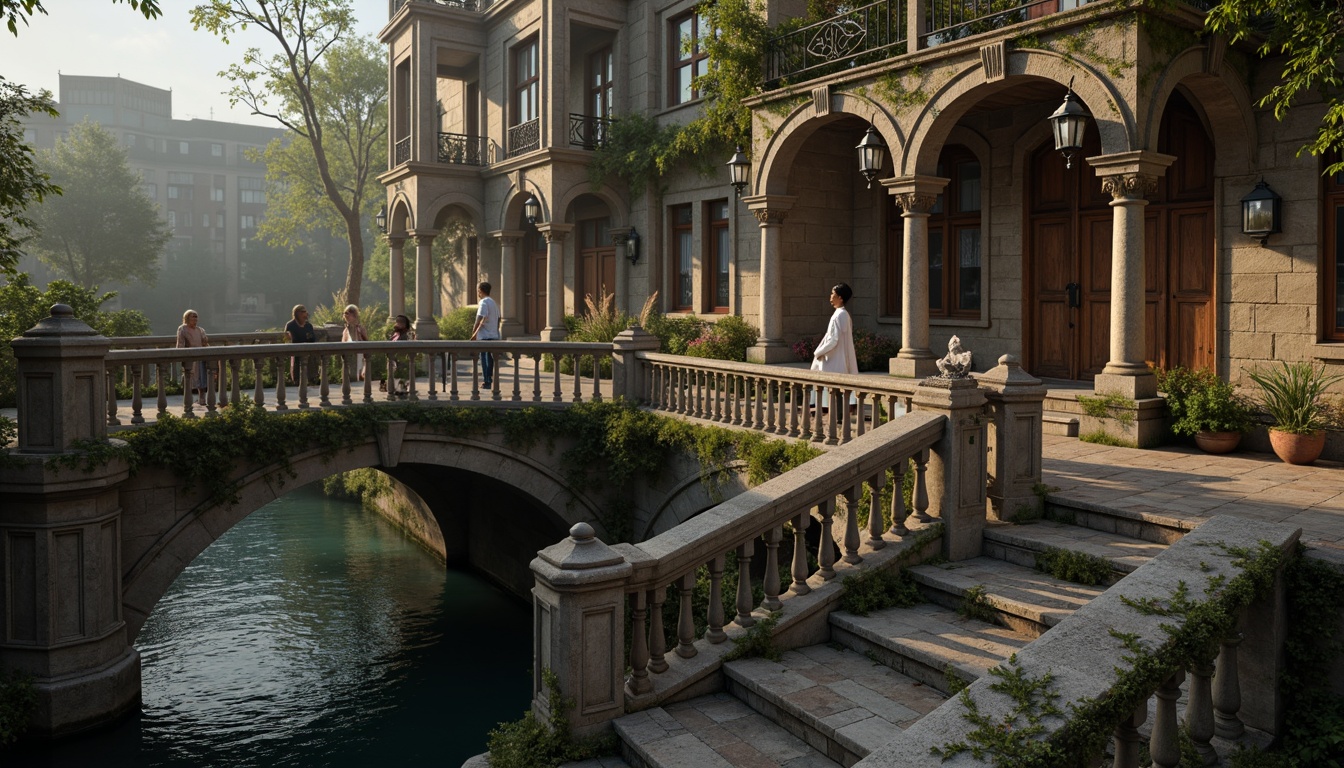 Prompt: Ornate balustrades, intricately carved stone railings, grandiose bridge architecture, sweeping curves, majestic arches, ornamental lanterns, decorative metalwork, rustic stonework, moss-covered surfaces, serene water reflections, soft warm lighting, misty atmosphere, shallow depth of field, 1/2 composition, realistic textures, ambient occlusion.