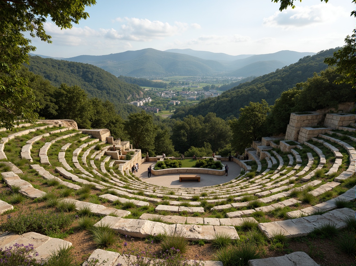 Prompt: Natural amphitheater setting, rolling hills, lush greenery, meandering pathways, scenic overlooks, tiered seating areas, curved retaining walls, native plant species, rustic stone accents, wooden benches, panoramic views, warm sunny day, soft diffused lighting, shallow depth of field, 3/4 composition, realistic textures, ambient occlusion.