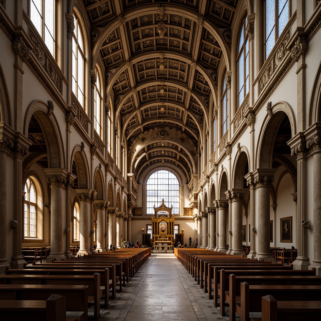 Prompt: Majestic cathedral, ornate columns, intricately carved capitals, vaulted ceilings, stained glass windows, grandiose arches, symmetrical fa\u00e7ade, classical orders, Corinthian pilasters, marble floors, gilded ornaments, solemn atmosphere, soft warm lighting, shallow depth of field, 1/1 composition, realistic textures, ambient occlusion.