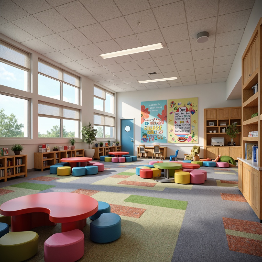 Prompt: Vibrant elementary school interior, open classrooms, collaborative learning spaces, colorful modular furniture, interactive whiteboards, educational displays, cozy reading nooks, flexible seating arrangements, natural wood accents, bright overhead lighting, soft carpeted floors, playful geometric patterns, inspirational quotes, motivational posters, fun-shaped lockers, creative art corners, 3D printing stations, virtual reality zones, minimalist shelving units, ergonomic student chairs, teacher's desk with built-in storage, acoustic sound panels, calming color schemes, shallow depth of field, 1/1 composition, realistic textures, ambient occlusion.