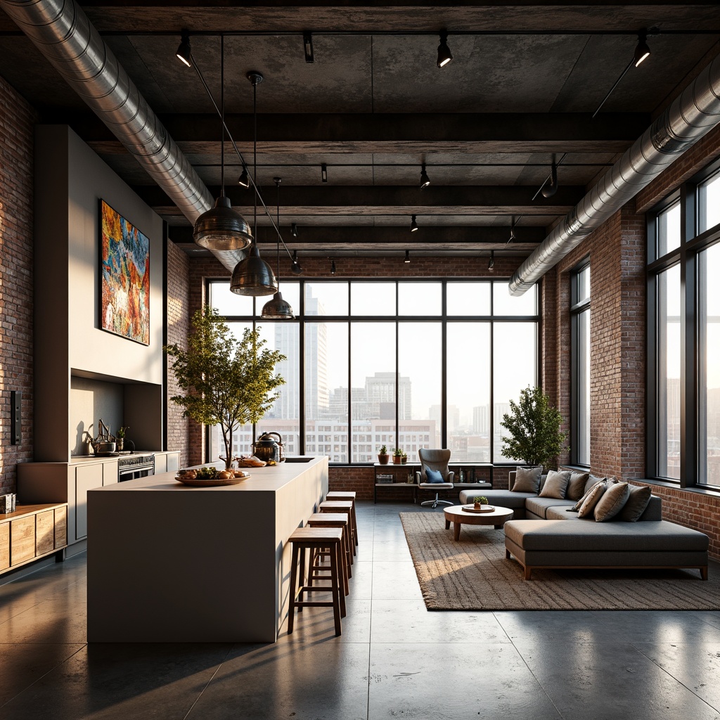 Prompt: Industrial chic loft, exposed brick walls, metal beams, polished concrete floors, minimalist decor, open floor plan, spacious living area, floor-to-ceiling windows, natural light pouring in, urban cityscape views, modern kitchen island, high-gloss countertops, stainless steel appliances, cozy reading nook, plush sectional sofa, industrial-style lighting fixtures, reclaimed wood accents, airy atmosphere, soft warm glow, shallow depth of field, 2/3 composition, realistic textures, ambient occlusion.