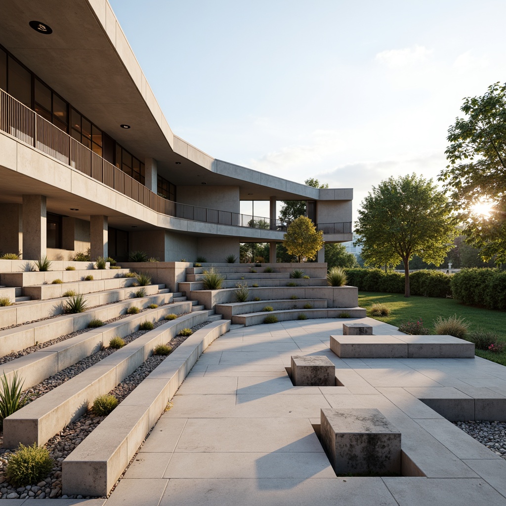 Prompt: Minimalist amphitheater, natural stone seating, sleek metal railings, polished concrete floors, simple wooden benches, subtle LED lighting, open sky above, warm sunny day, soft shadows, shallow depth of field, 3/4 composition, panoramic view, realistic textures, ambient occlusion, weathered steel accents, industrial-style lamps, geometric-shaped planters, sparse greenery, gravel pathways, modern minimalist architecture, clean lines, monochromatic color scheme.