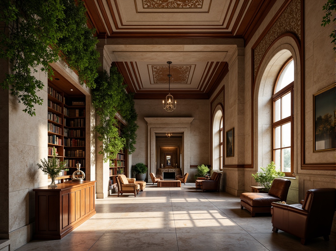 Prompt: Traditional university buildings, ivy-covered walls, ornate stone carvings, rich wood tones, warm beige stucco, classic columns, elegant archways, sophisticated neutral colors, earthy brown furniture, vintage leather-bound books, subtle golden accents, soft natural lighting, shallow depth of field, 1/1 composition, realistic textures, ambient occlusion.