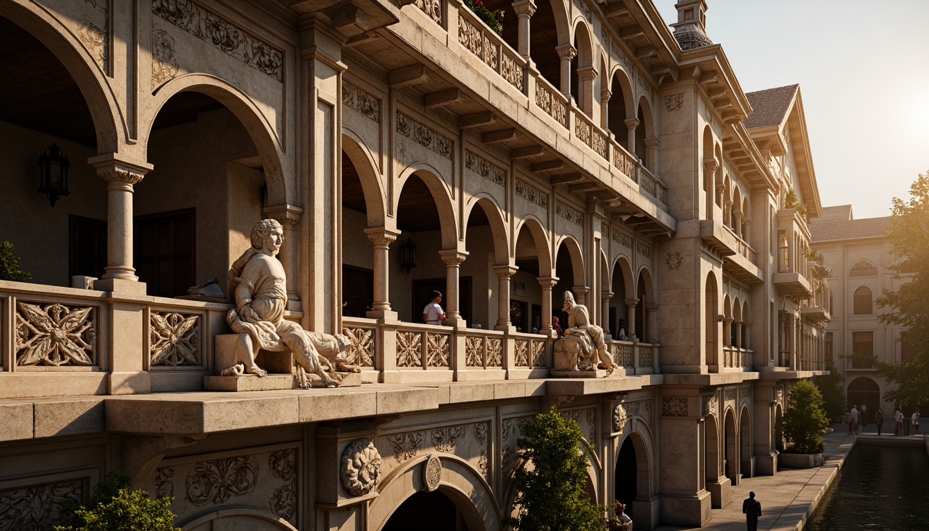 Prompt: Intricate stone carvings, ornate balustrades, grand arches, rustic stonework, weathered statues, mythological creatures, floral patterns, curved lines, ornamental lanterns, decorative railings, classical columns, carved keystones, rusticated quoins, symmetrical composition, warm golden lighting, soft focus, shallow depth of field, 2/3 composition, atmospheric perspective.