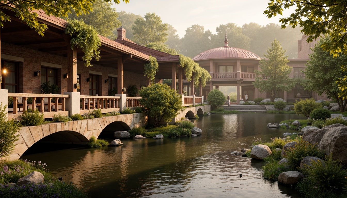 Prompt: Rustic stone bridges, ornate balustrades, weathered wooden railings, warm beige stonework, earthy red brick arches, moss-covered piers, soft golden lighting, misty atmospheric effects, serene river waters, lush greenery, vibrant floral arrangements, intricate carvings, classical architectural details, subtle texture overlays, realistic stone normal maps, cinematic camera angles, 1/2 composition, warm color grading.