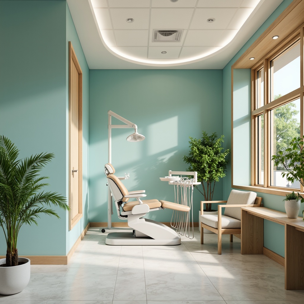 Prompt: Calming dental clinic, soothing blue-green color scheme, creamy whites, warm beige tones, natural wood accents, gentle curves, minimalist decor, modern medical equipment, sleek stainless steel surfaces, comfortable waiting area, lush green plants, soft overhead lighting, shallow depth of field, 1/1 composition, realistic textures, ambient occlusion.