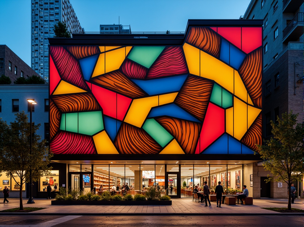 Prompt: Vibrant restaurant facade, expressionist architecture, bold geometric shapes, bright primary colors, abstract patterns, irregular forms, dynamic lighting effects, neon signs, metallic accents, industrial materials, exposed ductwork, urban cityscape, bustling streets, evening atmosphere, warm golden lighting, shallow depth of field, 1/1 composition, dramatic shadows, high-contrast textures.