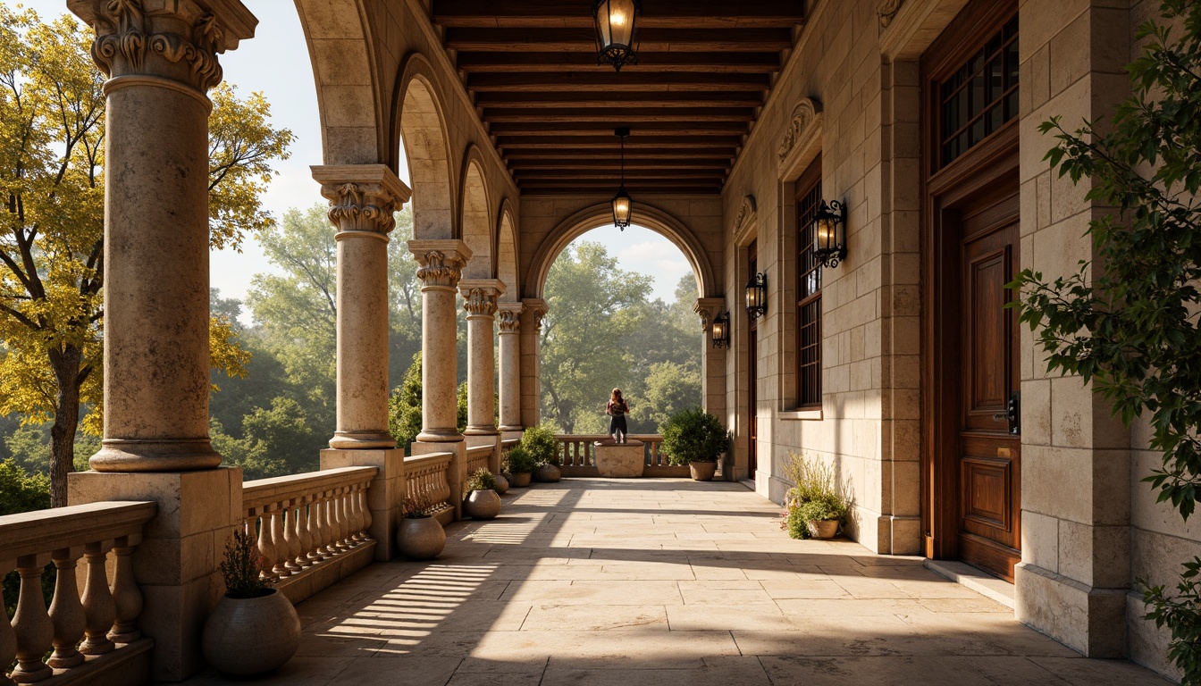 Prompt: Intricate stone carvings, ornate balustrades, grand arches, rustic stonework, weathered statues, mythological creatures, floral patterns, curved lines, ornamental lanterns, decorative railings, classical columns, carved keystones, rusticated quoins, symmetrical composition, warm golden lighting, soft focus, shallow depth of field, 2/3 composition, atmospheric perspective.