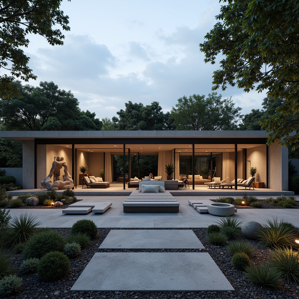 Prompt: Minimalist villa, clean lines, rectangular forms, functional gardens, industrial materials, exposed concrete, steel beams, large windows, sliding glass doors, abstract sculptures, geometric planters, succulent plants, gravel pathways, modern outdoor lighting, warm ambient glow, shallow depth of field, 2/3 composition, symmetrical framing, high-contrast textures, subtle color palette.