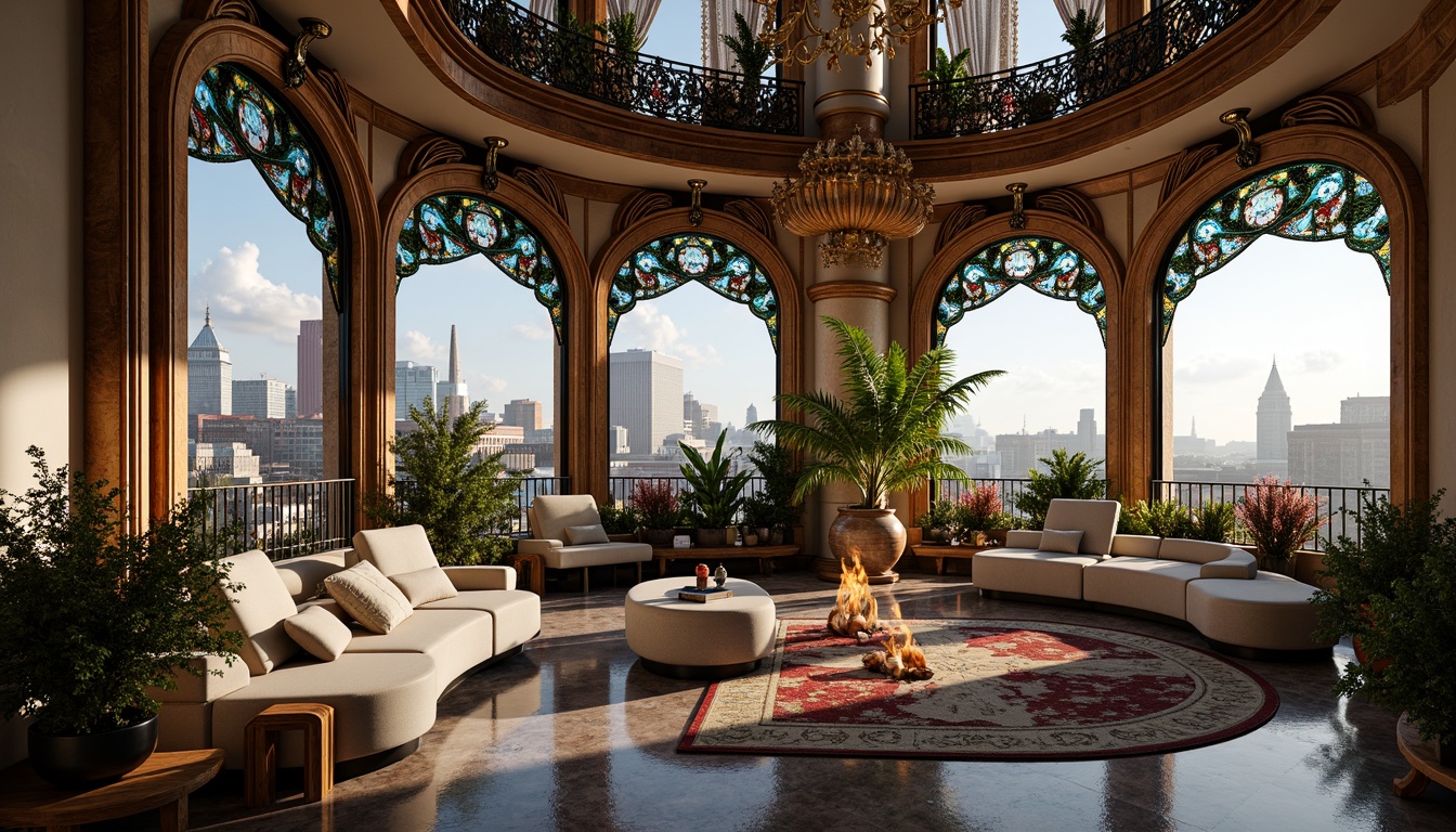 Prompt: Luxurious penthouse, Art Nouveau style, ornate metalwork, flowing organic lines, sinuous curves, grand staircase, intricate mosaics, stained glass windows, lavish furnishings, velvet drapes, marble floors, gilded accents, crystal chandeliers, panoramic city views, rooftop garden, lush greenery, vibrant flowers, soft warm lighting, shallow depth of field, 1/1 composition, realistic textures, ambient occlusion.