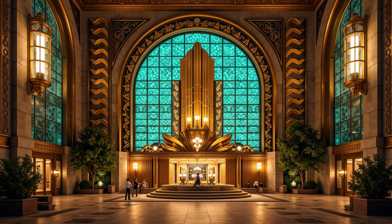 Prompt: Opulent Art Deco monument, lavish golden accents, rich bronze tones, vibrant turquoise mosaics, geometric patterns, ornate metalwork, luxurious marble surfaces, bold black outlines, stylized floral motifs, sunburst designs, zigzag patterns, metallic sheen, warm ambient lighting, shallow depth of field, 1/1 composition, symmetrical framing, high-contrast colors, intricate textures, realistic reflections.