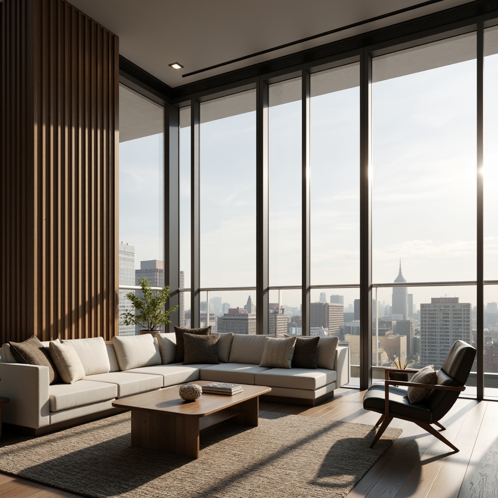 Prompt: Minimalist living room, floor-to-ceiling windows, sleek metal frames, automated blinds, solar shades, thermal insulation, energy-efficient glazing, soundproofing technology, urban cityscape views, morning sunlight, soft warm lighting, shallow depth of field, 3/4 composition, panoramic view, realistic textures, ambient occlusion, modern interior design, luxurious fabrics, subtle patterns, metallic accents.