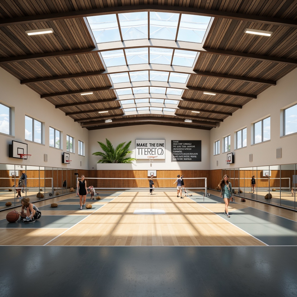 Prompt: Modern gymnasium interior, high ceilings, natural ventilation, clerestory windows, solar tubes, energy-efficient LED lighting, recycled rubber flooring, eco-friendly paint, sustainable materials, minimalist design, open spaces, athletic equipment, basketball courts, volleyball nets, exercise machines, mirrored walls, motivational quotes, bright color schemes, soft warm lighting, shallow depth of field, 3/4 composition, panoramic view, realistic textures, ambient occlusion.