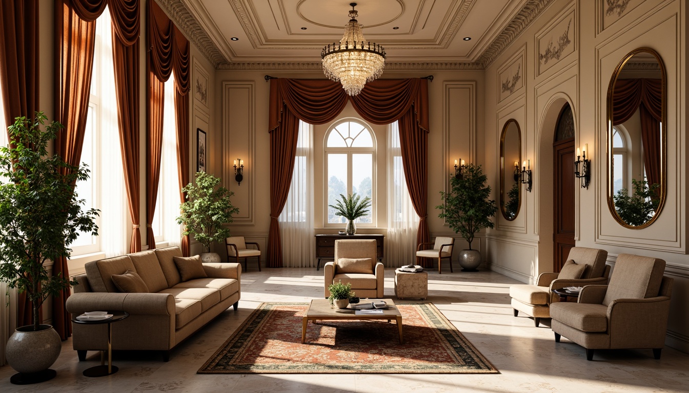 Prompt: Elegant interior spaces, classicism style, rich wood tones, ornate furnishings, luxurious fabrics, velvet drapes, golden accents, crystal chandeliers, marble floors, intricate moldings, soft warm lighting, subtle shadows, 1/1 composition, realistic textures, ambient occlusion, warm beige walls, creamy whites, deep blues, emerald greens, rich reds, gilded frames, ornate mirrors, lavish upholstery, sophisticated ambiance.