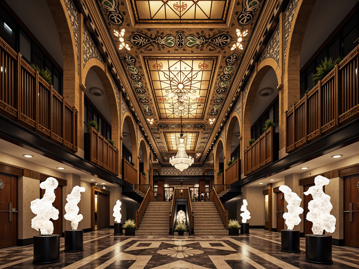 Prompt: Intricate geometric patterns, ornate metalwork, luxurious marble surfaces, grandiose statues, symmetrical compositions, opulent chandeliers, lavish mosaics, bold typography, stylized florals, zigzag motifs, chevron designs, metallic accents, glossy finishes, sunburst patterns, stepped silhouettes, monumental scale, dramatic lighting, low-angle view, cinematic composition, high-contrast colors, ornate fountains, grand staircases.