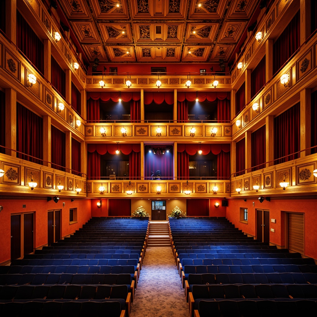 Prompt: Vibrant concert hall, rich wood tones, warm golden lighting, bold red accents, deep blue seats, polished metal fixtures, luxurious velvet curtains, ornate chandeliers, grand staircase, opulent balconies, lavish box seats, dramatic spotlights, soft warm glow, shallow depth of field, 1/1 composition, realistic textures, ambient occlusion.