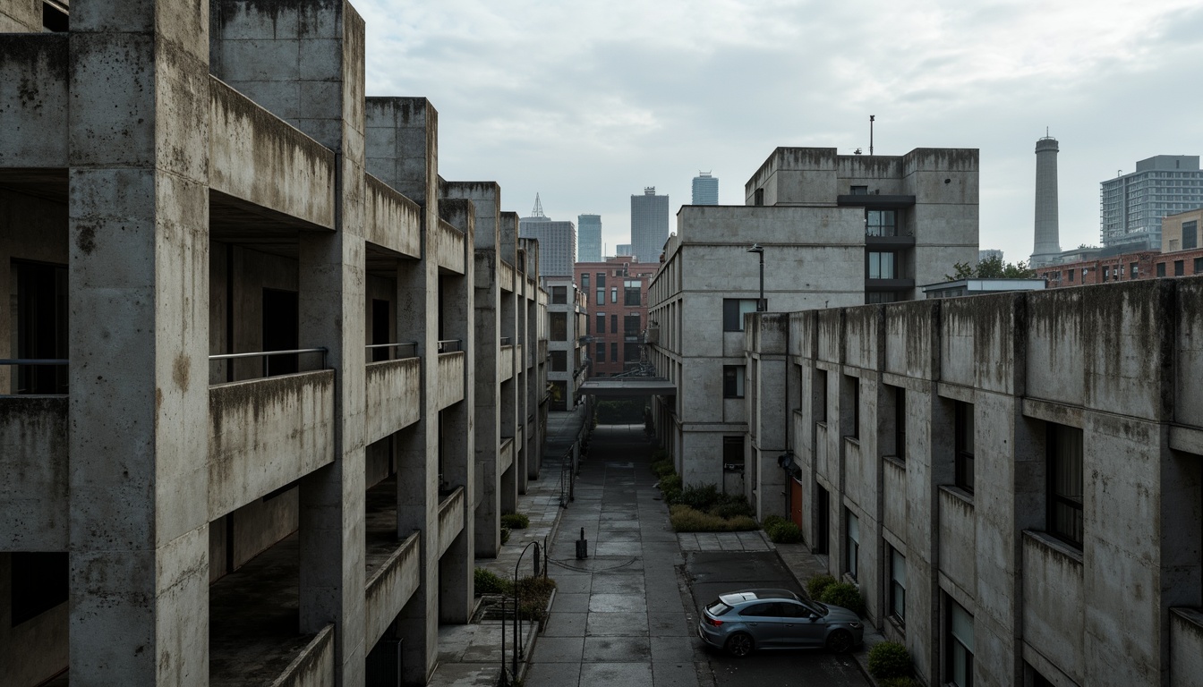 Prompt: Rugged concrete structures, brutalist architecture, fortress-like buildings, raw unfinished surfaces, exposed ductwork, industrial pipes, metallic beams, reinforced columns, angular lines, geometric shapes, urban cityscape, overcast skies, dramatic shadows, high-contrast lighting, cinematic composition, 2.35