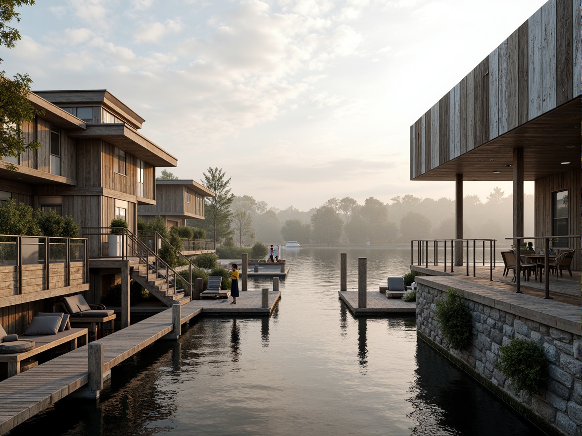 Prompt: Weathered wood accents, rustic metal cladding, nautical rope details, glass railings, wooden dockwalks, sailboat-inspired design, waterfront location, serene lake views, misty morning atmosphere, soft warm lighting, shallow depth of field, 3/4 composition, panoramic view, realistic textures, ambient occlusion, natural stone foundations, reclaimed wood siding, corrugated metal roofs, marine-grade materials, ocean-inspired color palette, driftwood grey tones, sea-salt white hues.