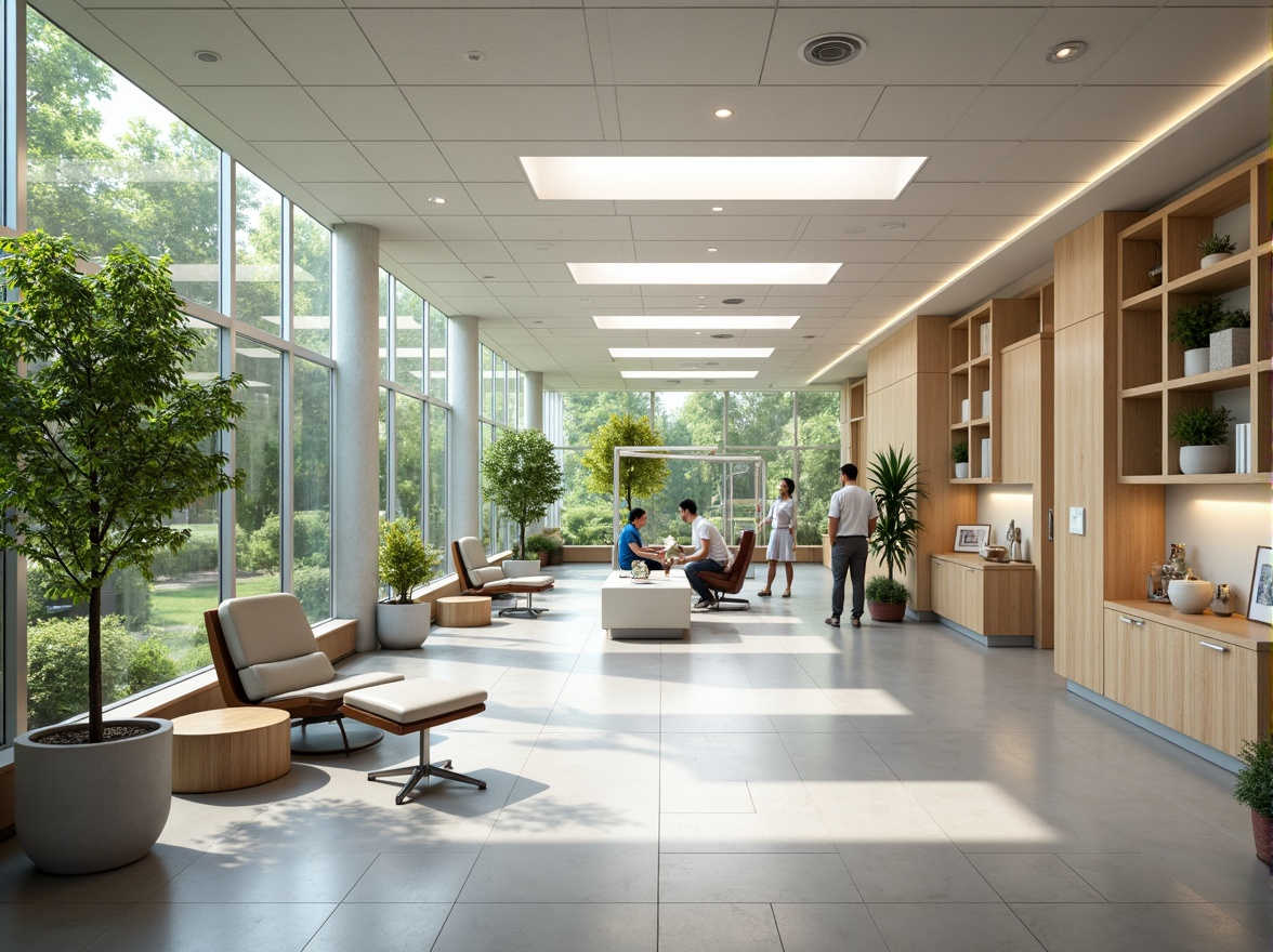 Prompt: Spacious dental clinic, natural ventilation systems, large windows, greenery views, calming ambiance, soft diffused lighting, comfortable seating areas, wooden accents, minimal decor, airy atmosphere, gentle breeze, subtle scents, soothing colors, modern dental equipment, sleek surfaces, stainless steel fixtures, hygienic environment, calm patients, relaxed dentists, efficient air circulation, cross ventilation, clerestory windows, solar tubes, wind catchers, breathable materials, eco-friendly design.