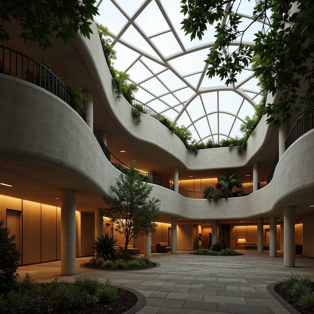 Prompt: Curved courthouse facade, undulating walls, bulbous columns, organic forms, natural stone textures, earthy color palette, lush green roofs, cantilevered structures, dramatic skylights, warm ambient lighting, soft focus, shallow depth of field, 2/3 composition, atmospheric perspective, realistic materials, subtle animations.