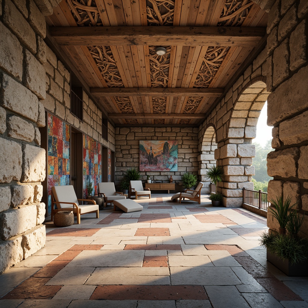 Prompt: Rough stone walls, weathered wooden planks, rusty metal accents, smooth concrete floors, intricate tile patterns, vibrant colorful murals, ornate plaster ceilings, distressed brick facades, natural rock formations, earthy tones, organic shapes, modern minimalist aesthetic, abundant natural light, soft warm glow, shallow depth of field, 1/1 composition, realistic textures, ambient occlusion.