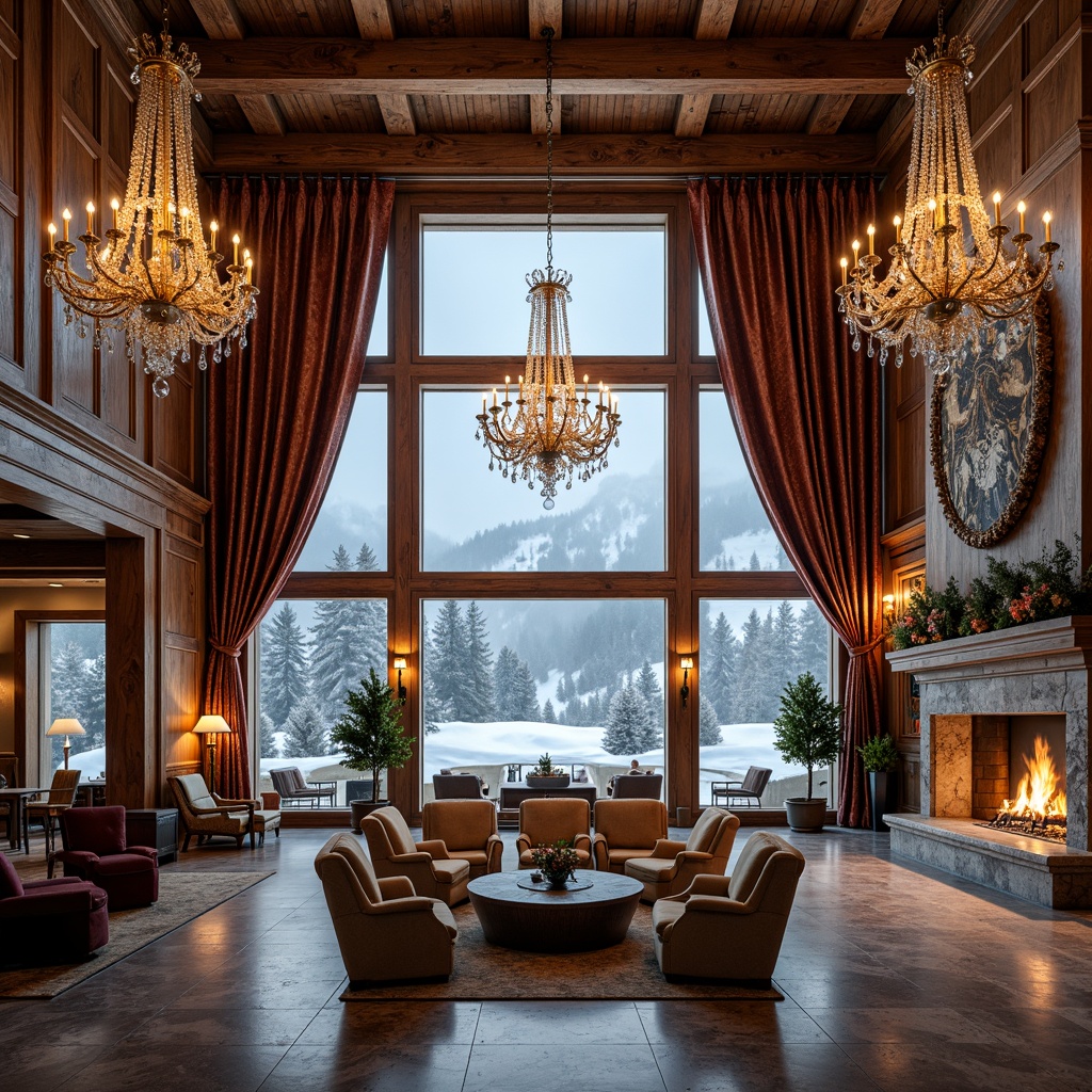 Prompt: Luxurious ski center, ornate Baroque architecture, grandiose chandeliers, intricate wooden carvings, gilded accents, lavish furnishings, velvet drapes, marble floors, crystal decorations, snow-capped mountains, frosty windows, warm fireplaces, rustic wooden beams, cozy atmosphere, soft golden lighting, shallow depth of field, 1/1 composition, realistic textures, ambient occlusion.