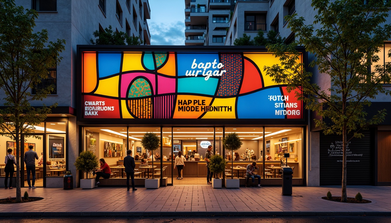 Prompt: Vibrant restaurant facade, expressionist architecture, bold geometric shapes, bright primary colors, abstract patterns, irregular forms, dynamic lighting effects, neon signs, metallic accents, industrial materials, exposed ductwork, urban cityscape, bustling streets, evening atmosphere, warm golden lighting, shallow depth of field, 1/1 composition, dramatic shadows, high-contrast textures.