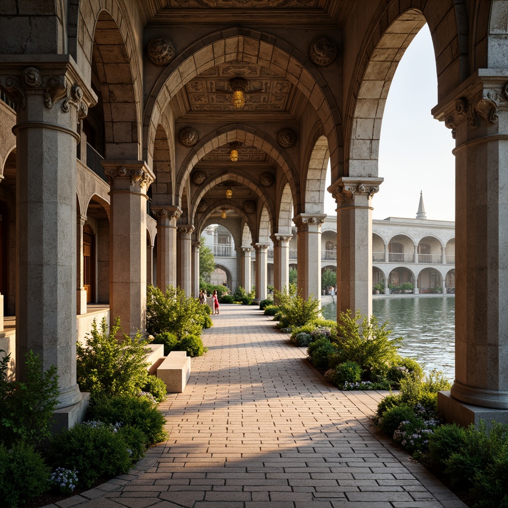 Prompt: Rustic stone archways, ornate carvings, grandiose bridges, serene water reflections, lush greenery, vibrant flowers, majestic pillars, classical balustrades, intricate stonework, weathered brick surfaces, ornamental lanterns, soft warm lighting, shallow depth of field, 3/4 composition, panoramic view, realistic textures, ambient occlusion.