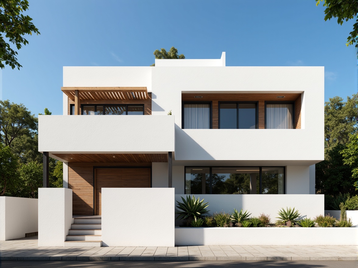 Prompt: Geometric villa facade, rectangular forms, clean lines, minimal ornamentation, functional simplicity, white stucco walls, large windows, horizontal bands, steel frames, cantilevered roofs, asymmetrical compositions, bold color accents, industrial materials, urban landscape, sunny day, high contrast lighting, deep depth of field, 2/3 composition, architectural photography, realistic textures, ambient occlusion.