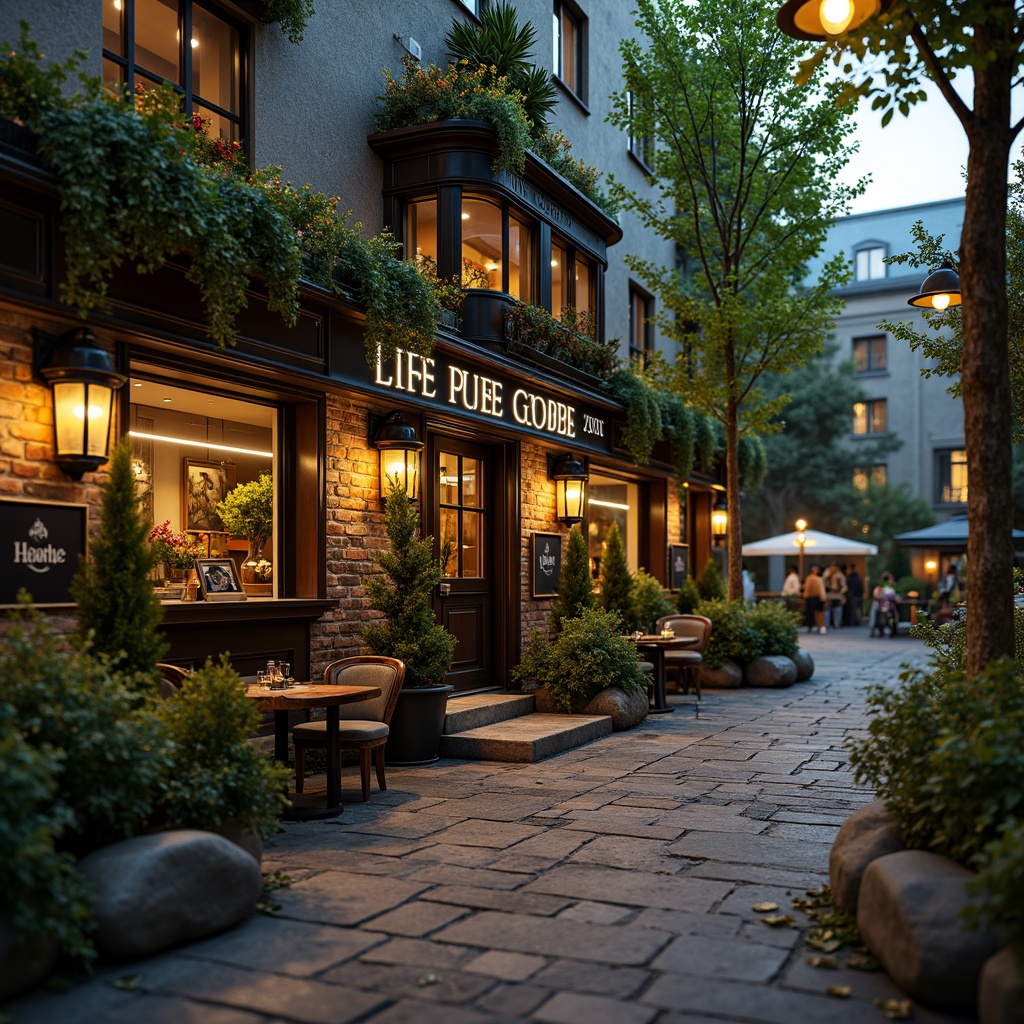 Prompt: Rustic pub exterior, ornate Baroque-style fa\u00e7ade, lush greenery, overflowing flower boxes, distressed wooden accents, vintage lanterns, meandering stone pathways, natural rock formations, moss-covered statues, whimsical topiaries, soft warm lighting, golden hour ambiance, shallow depth of field, 1/2 composition, intimate atmosphere, realistic textures, ambient occlusion.