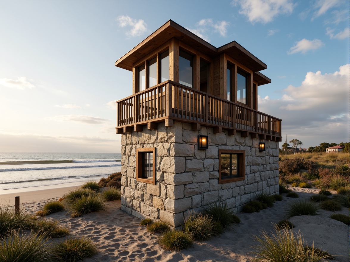 Prompt: Weathered wooden watching tower, driftwood accents, nautical rope details, ocean-inspired color palette, sea-salt air, crashing waves, sandy dunes, beachy grasses, weathered stone foundation, rustic metal fixtures, lantern-style lighting, panoramic ocean views, 1/1 composition, dramatic shadows, warm golden hour lighting, realistic wood textures, ambient ocean sounds.