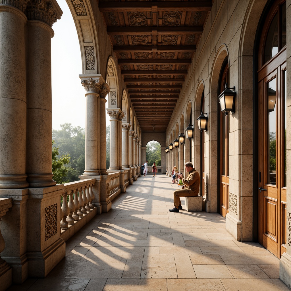 Prompt: Intricate stone carvings, ornate balustrades, grand arches, rustic stonework, weathered statues, mythological creatures, floral patterns, curved lines, ornamental lanterns, decorative railings, classical columns, carved keystones, rusticated quoins, symmetrical composition, warm golden lighting, soft focus, shallow depth of field, 2/3 composition, atmospheric perspective.