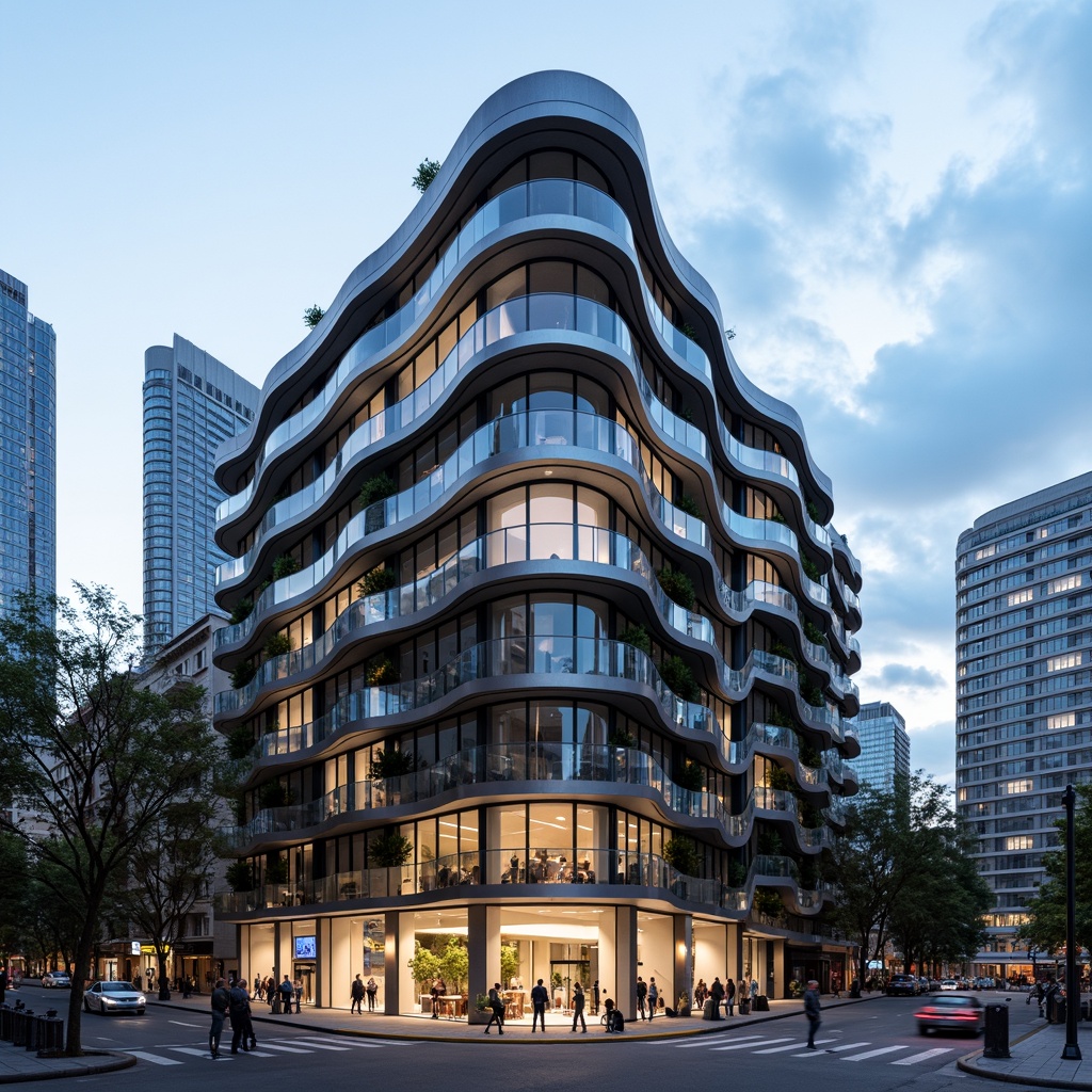 Prompt: Curved building facade, metallic materials, polished chrome accents, horizontal lines, rounded corners, minimalist ornamentation, large glass windows, sliding doors, cantilevered balconies, urban cityscape, busy streets, modern skyscrapers, cloudy blue sky, soft natural light, shallow depth of field, 2/3 composition, symmetrical framing, high-contrast lighting, detailed textures, ambient occlusion.