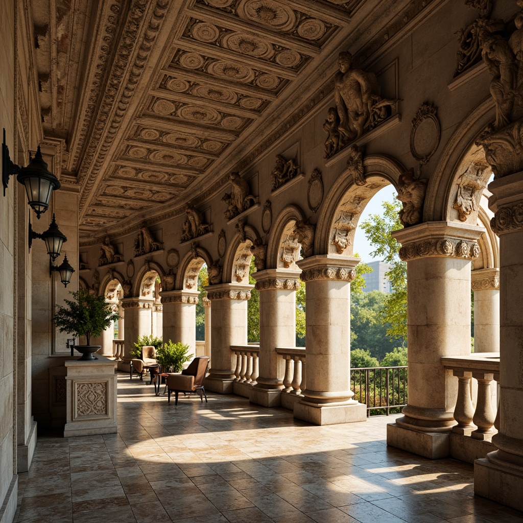 Prompt: Intricate stone carvings, ornate balustrades, grand arches, rustic stonework, weathered statues, mythological creatures, floral patterns, curved lines, ornamental lanterns, decorative railings, classical columns, carved keystones, rusticated quoins, symmetrical composition, warm golden lighting, soft focus, shallow depth of field, 2/3 composition, atmospheric perspective.