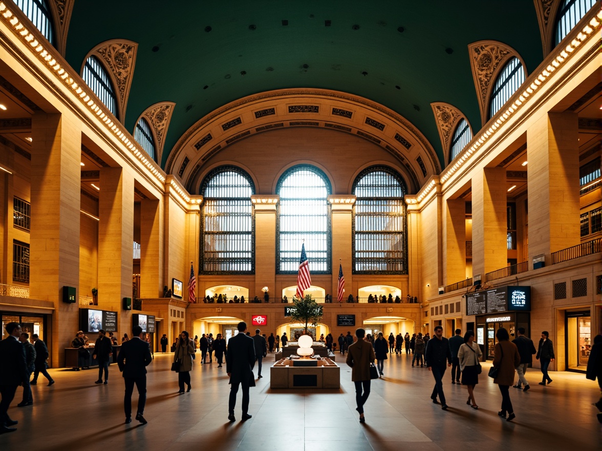 Prompt: Grand central station, ornate metalwork, intricate stonework, vaulted ceilings, majestic archways, elegant chandeliers, refined wooden accents, luxurious textiles, sophisticated signage, bustling atmosphere, morning rush hour, warm golden lighting, shallow depth of field, 1/2 composition, symmetrical framing, realistic reflections, ambient occlusion.