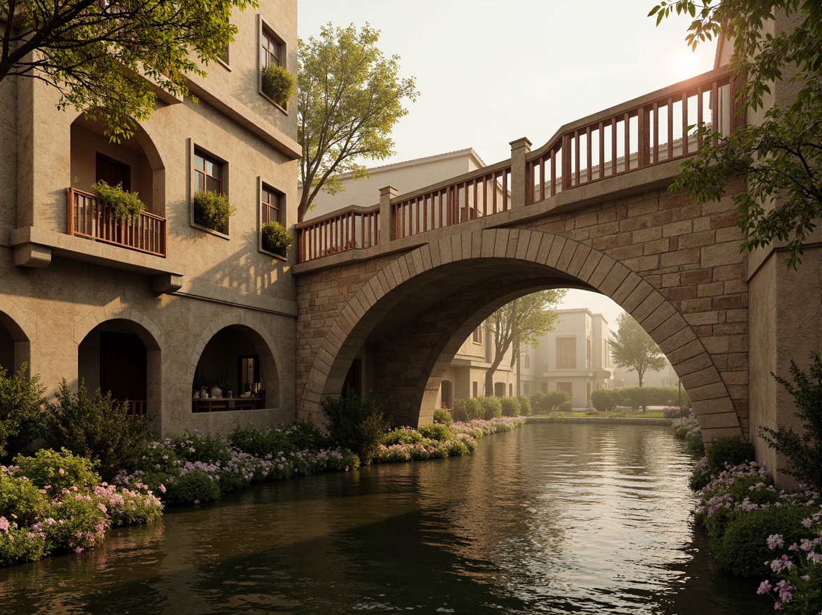 Prompt: Rustic stone bridges, ornate balustrades, weathered wooden railings, warm beige stonework, earthy red brick arches, moss-covered piers, soft golden lighting, misty atmospheric effects, serene river waters, lush greenery, vibrant floral arrangements, intricate carvings, classical architectural details, subtle texture overlays, realistic stone normal maps, cinematic camera angles, 1/2 composition, warm color grading.