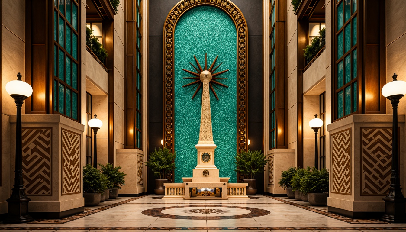 Prompt: Opulent Art Deco monument, lavish golden accents, rich bronze tones, vibrant turquoise mosaics, geometric patterns, ornate metalwork, luxurious marble surfaces, bold black outlines, stylized floral motifs, sunburst designs, zigzag patterns, metallic sheen, warm ambient lighting, shallow depth of field, 1/1 composition, symmetrical framing, high-contrast colors, intricate textures, realistic reflections.