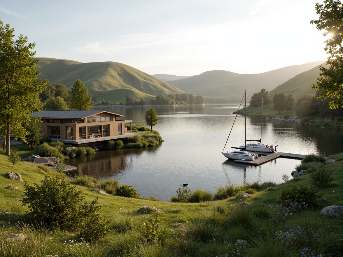 Prompt: Rolling hills, lush green meadows, serene lakeside, wooden docks, sailboats, misty morning, warm sunlight, soft focus, shallow depth of field, 3/4 composition, panoramic view, realistic textures, ambient occlusion, modern eco-friendly architecture, sustainable design, natural stone walls, reclaimed wood accents, floor-to-ceiling windows, sliding glass doors, minimalist interior, organic shapes, earthy color palette, seamless integration with nature.