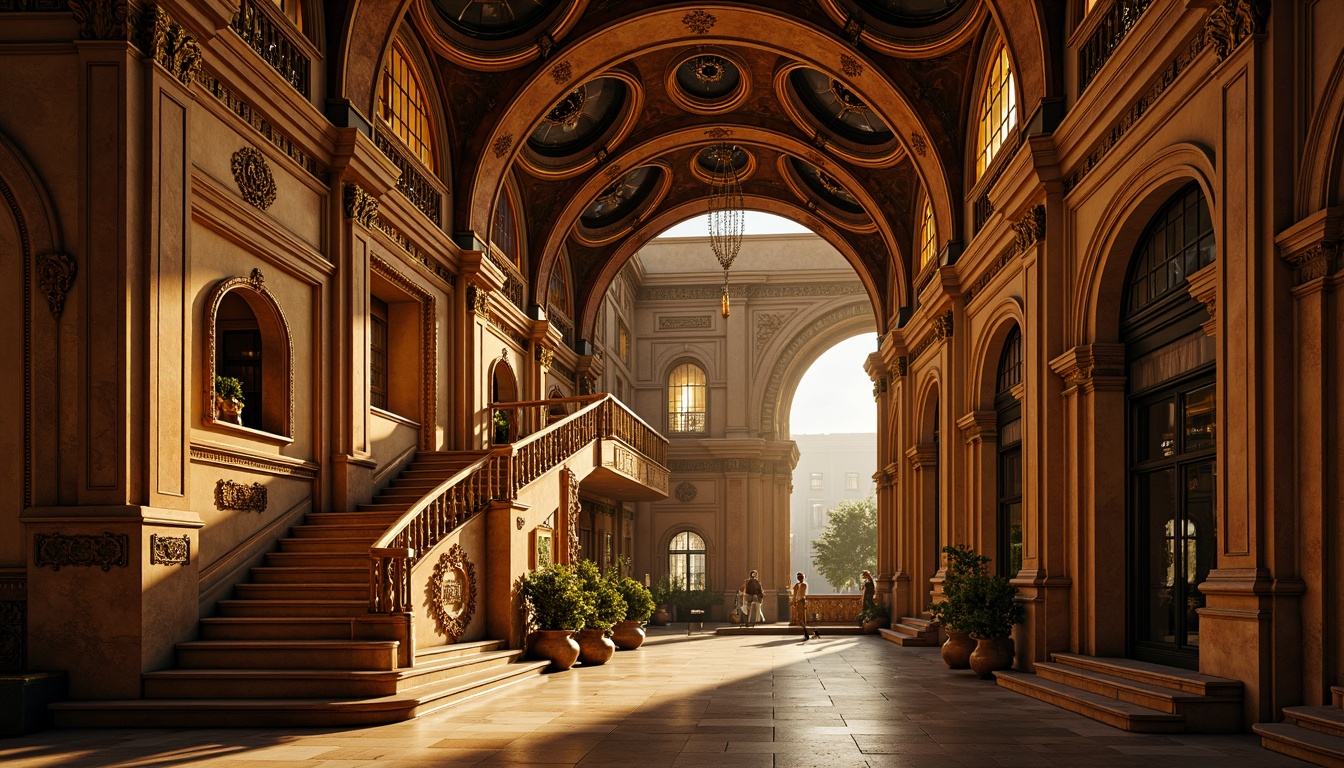 Prompt: Grandiose arches, ornate carvings, gilded details, lavish decorations, sweeping curves, dramatic lighting, opulent materials, marble columns, intricate frescoes, vaulted ceilings, grand staircases, majestic entranceways, symmetrical compositions, warm golden tones, soft chiaroscuro, high contrast ratios, 1/2 composition, atmospheric perspective, realistic textures, ambient occlusion.