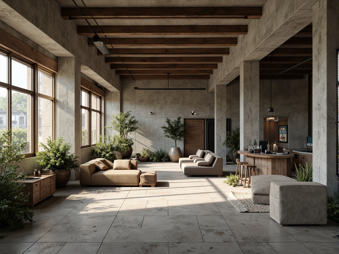 Prompt: Exposed concrete walls, rugged stone floors, industrial metal beams, brutalist architecture, raw unfinished textures, earthy tone color palette, muted greenery, weathered wood accents, functional minimalist decor, utilitarian furniture, cold harsh lighting, dramatic shadows, 1/1 composition, high contrast ratio, realistic material rendering, ambient occlusion.