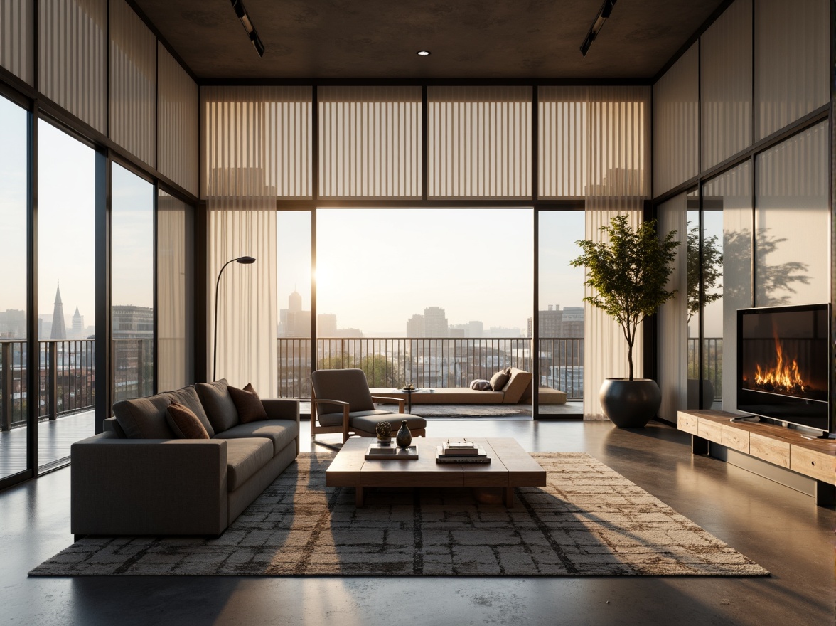 Prompt: Minimalist living room, floor-to-ceiling windows, sleek metal frames, motorized blinds, sheer curtains, ambient natural light, soft warm glow, 1/1 composition, shallow depth of field, realistic textures, modern minimalist furniture, low-profile sofas, geometric-patterned rugs, industrial-chic decor, urban loft atmosphere, cityscape views, panoramic vistas, innovative solar screens, thermal insulation, energy-efficient solutions, smart home automation.