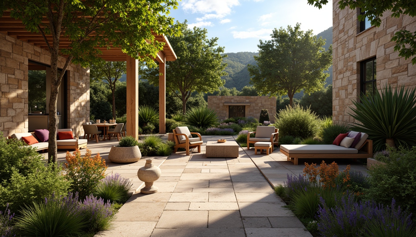 Prompt: Cozy patio, lush greenery, vibrant flowers, comfortable seating areas, wooden benches, rustic stone walls, warm string lights, soft cushions, natural textiles, earthy color palette, serene ambiance, gentle breeze, sunny afternoon, shallow depth of field, 3/4 composition, panoramic view, realistic textures, ambient occlusion.